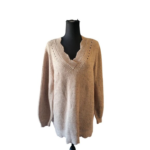 Soft Surrounding V Neck Marled Beige Long Sleeve Ribbed Scalloped Hem Line Sz L - Picture 1 of 11